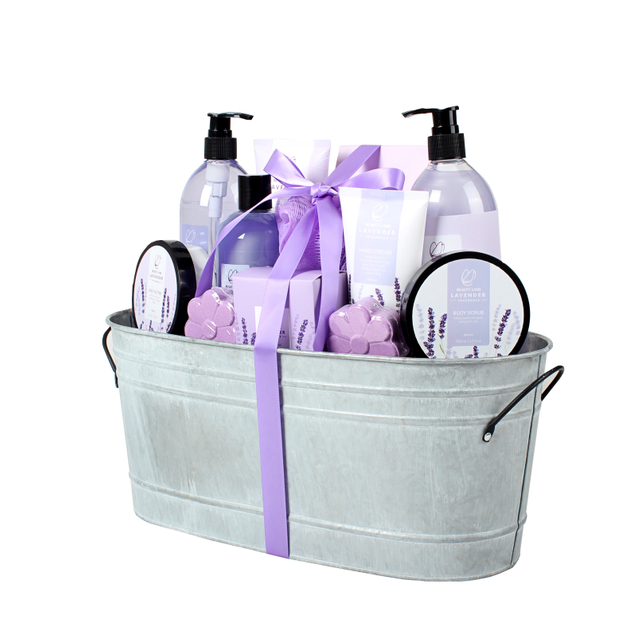 BL25002- LA Lavender Bath Set Shower Gel shampoo bubble bath body lotion hand cream body scrub bath salt body butter bar soap bath bomb mess sponge iron bucket
