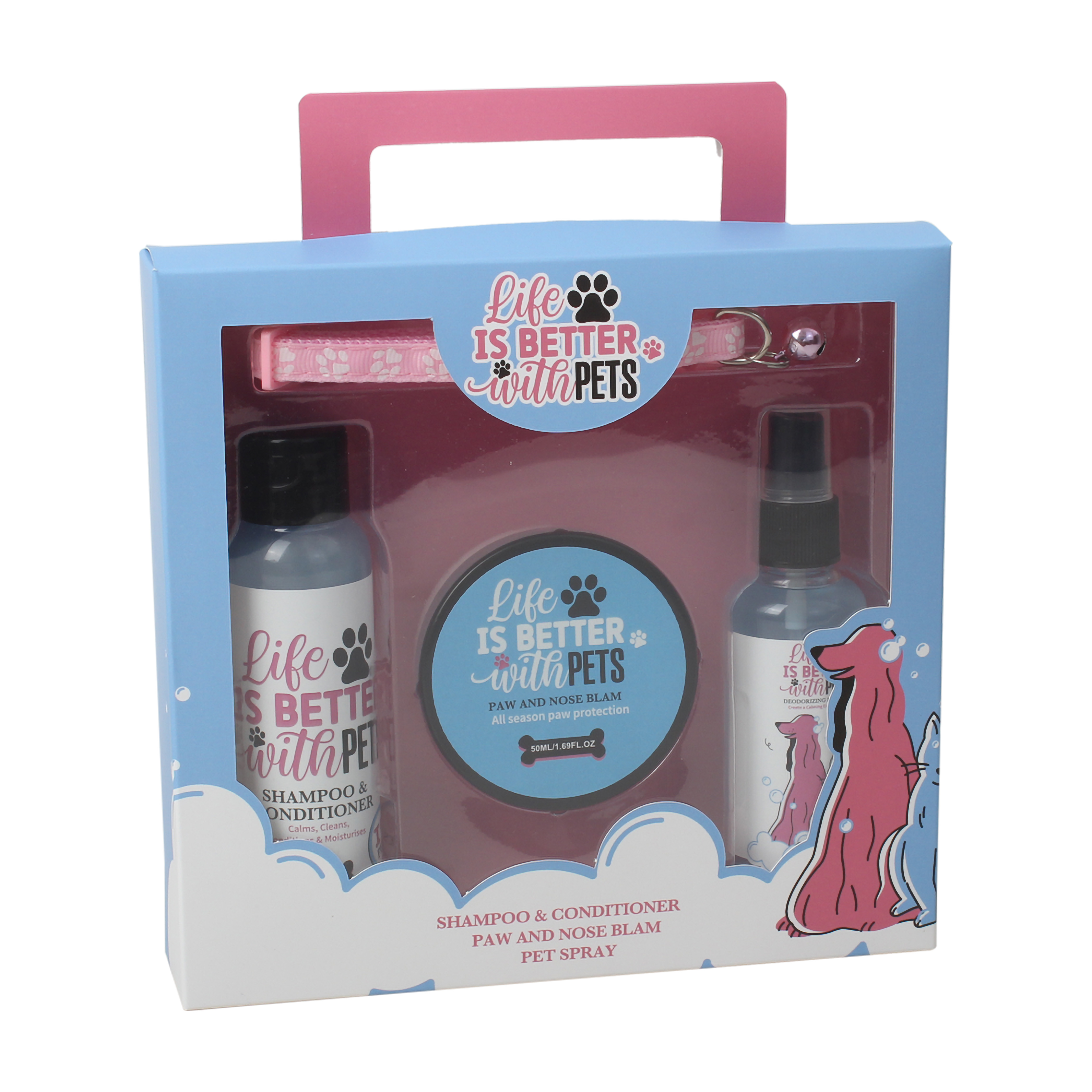 BL250015-PET Complete Pet Care Set with Shampoo, Conditioner, Paw & Nose Balm, Pet Spray and Collar