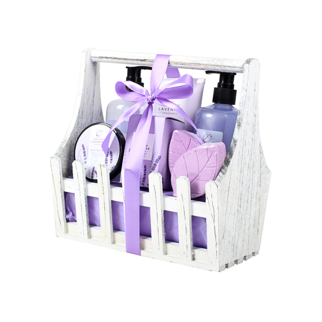 BL25003- LA Lavender Bath Set Shower Gel Shampoo Bubble Bath Body Lotion Hand Cream Body Scrub Bath Salt Body Butter Bath Bomb Wooden Tray