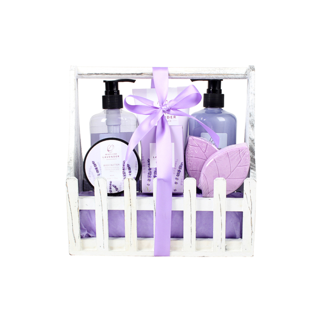BL25003- LA Lavender Bath Set Shower Gel Shampoo Bubble Bath Body Lotion Hand Cream Body Scrub Bath Salt Body Butter Bath Bomb Wooden Tray