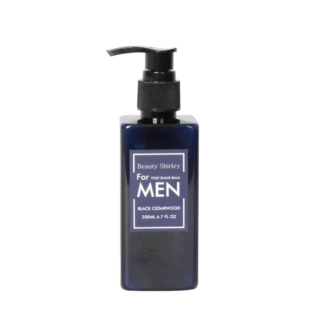 200ml post shave balm in glossy plastic bottle +matte pump +front & back label.