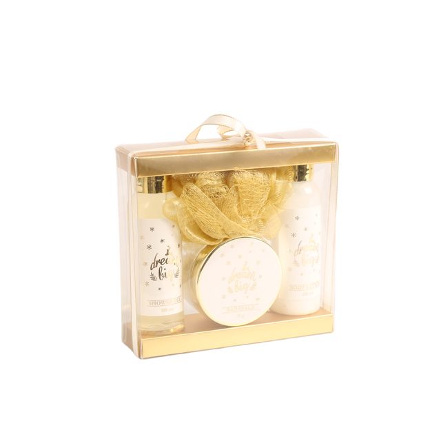 BLDB26012 Crystal Clear Bath Gift Set - Shower Gel, Body Lotion, Mineral Bath Salt & Loofah in PET Box