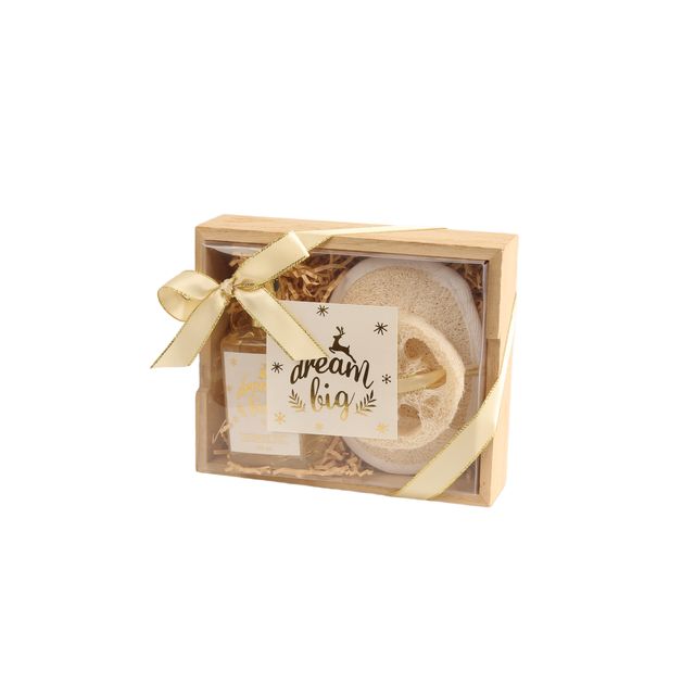 BLDB26005 Exfoliating Shower Duo with Wooden Tray - Shower Gel, Loofah Bath Pad & Sponge