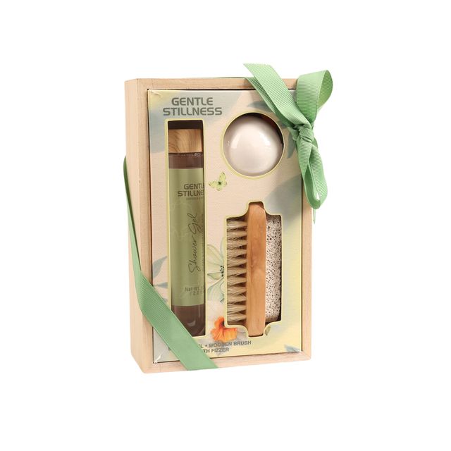 BLGS002 Wooden Spa Set - Purifying Shower Gel & Bath Fizzer with Pumice Brush