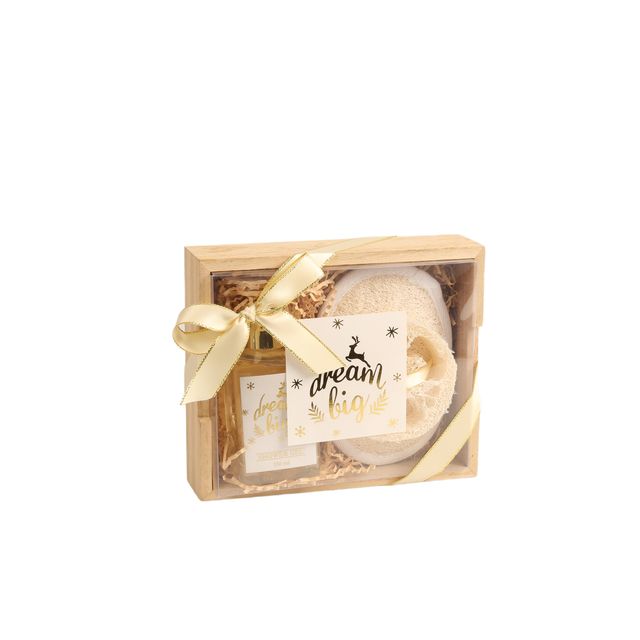 BLDB26005 Exfoliating Shower Duo with Wooden Tray - Shower Gel, Loofah Bath Pad & Sponge